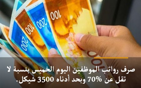 رواتب الموظفين عن شهر آذار ستصرف اليوم الخميس بنسبة لا تقل عن %70% وبحد أدناه 3500 شيكل.