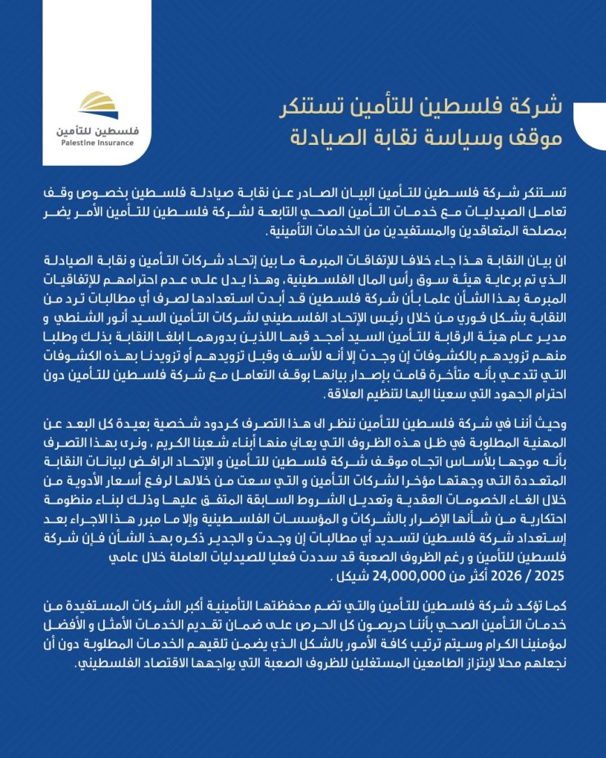 شركة فلسطين للتأمين تستنكر موقف وسياسة نقابة الصيادلة