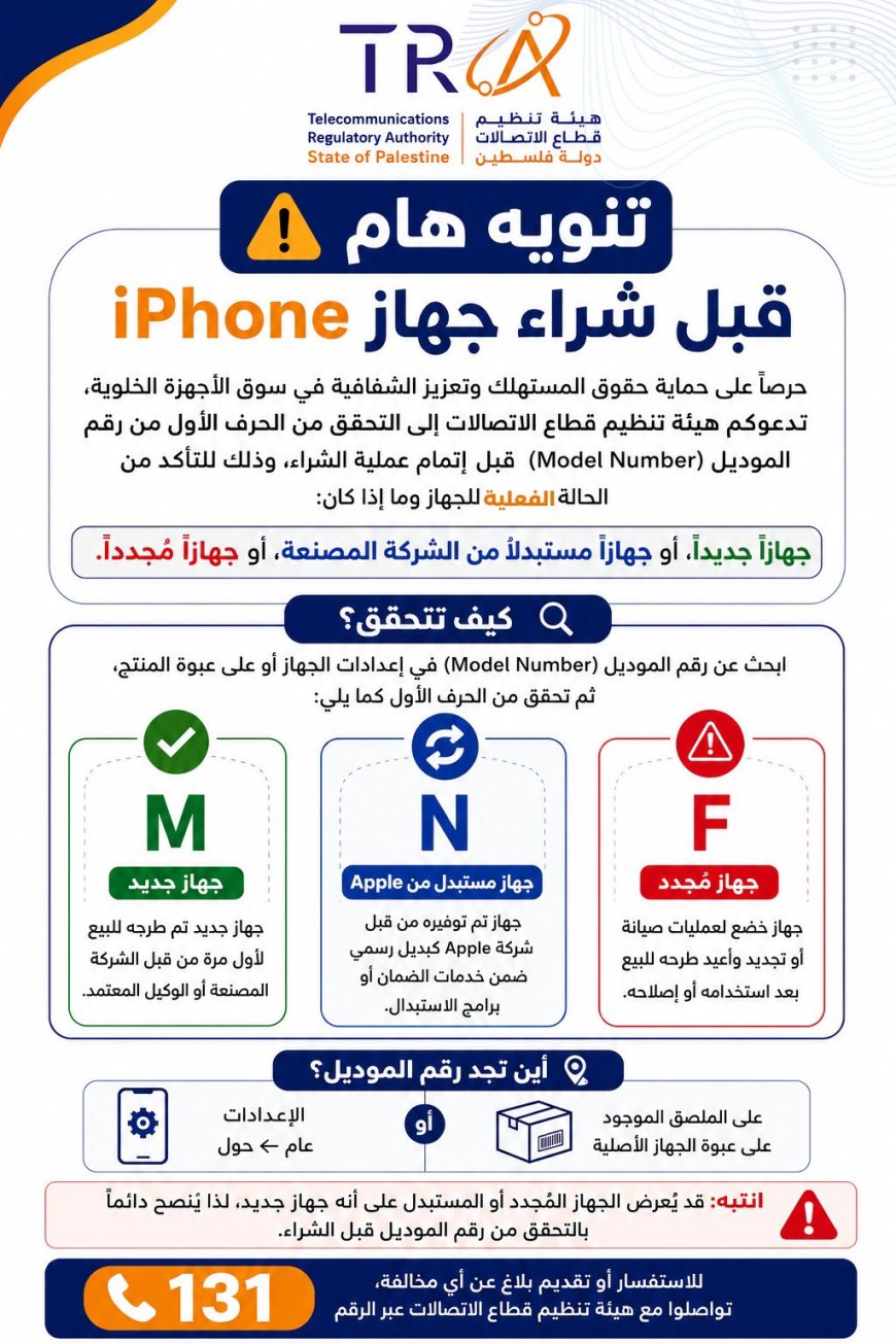 هيئة تنظيم قطاع الاتصالات تدعو المواطنين إلى التحقق من رقم موديل أجهزة iPhone لضمان معرفة الحالة الفعلية للجهاز قبل الشراء